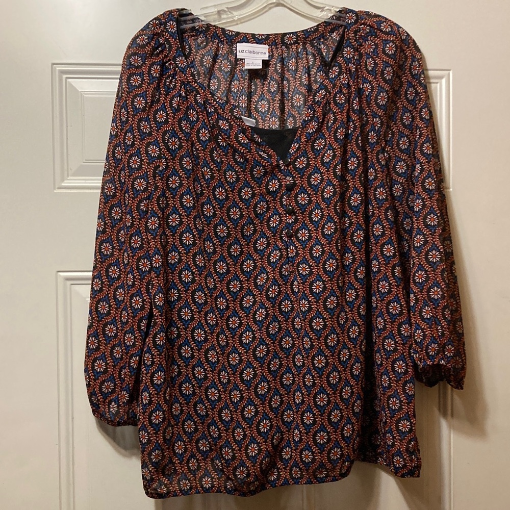 Liz Claiborne Black and Orange Patterned Blouse L